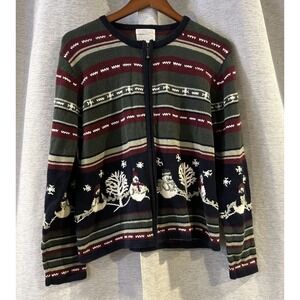 Vintage Christopher & Banks Zip Sweater Hand‎ Embroidered Striped Snowman Size L